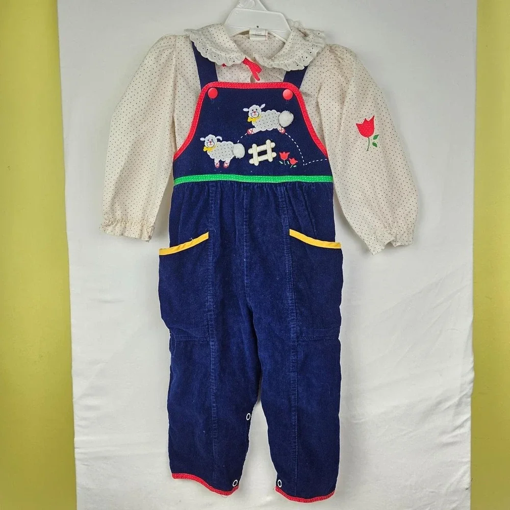 vintage navy corduroy overalls with sheep and tulip embroidery, size 24 months